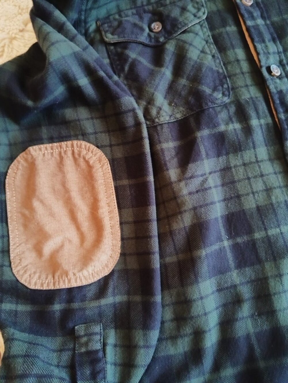 Roots Canada Flannel Plaid Shirt Green/Navy w/ Elbow Patches - Size L - Picture 12 of 14